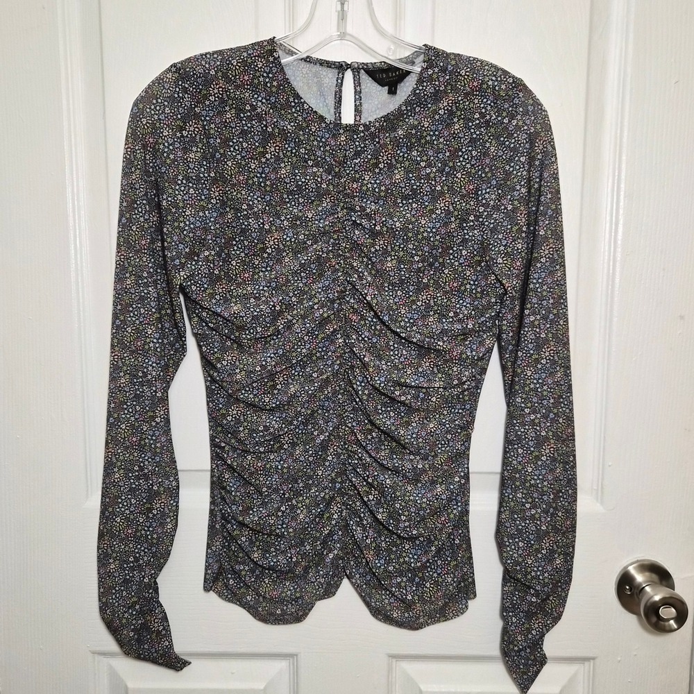 Ted Baker Savannn Floral Long Sleeve Ruched Top Blouse Size 1